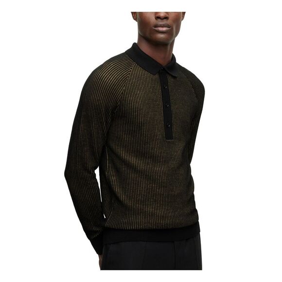 BOSS Mens Black Striped Long Sleeve Collared Slim Fit Pullover Sweater L